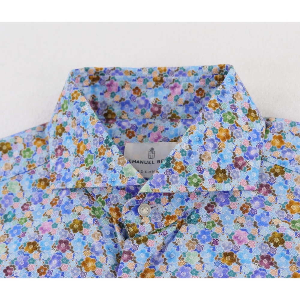 Emanuel Berg Button Down Shirt Mens M 15.5 Blue Floral Modern Fit Long Sleeve - Picture 4 of 12